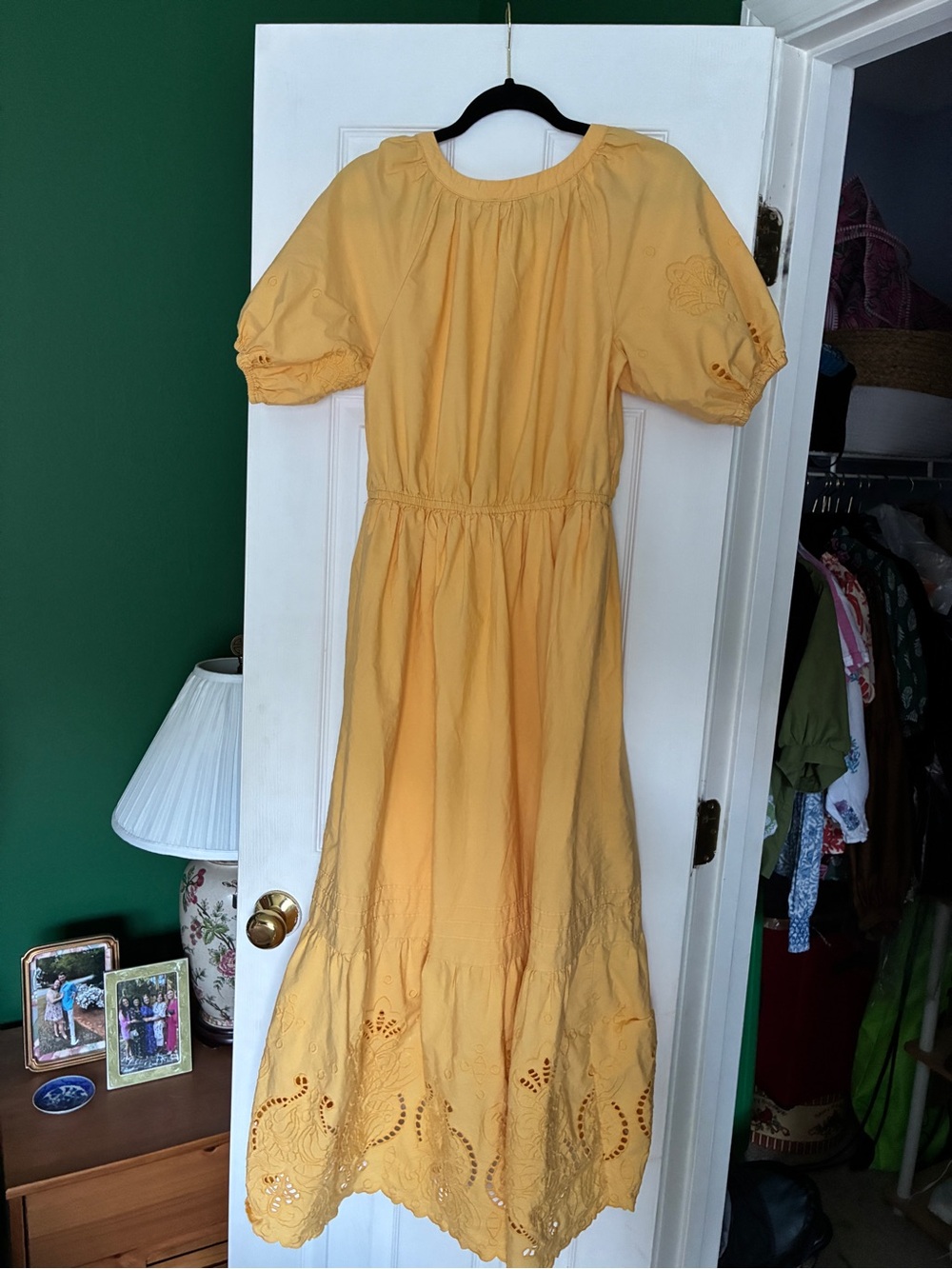 Moon River Yellow Eyelet Maxi Dress with Puff Sleeves - Picture 2 of 5